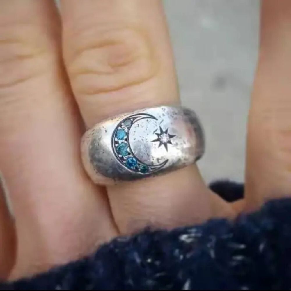 SILVER crescent blue moon ring